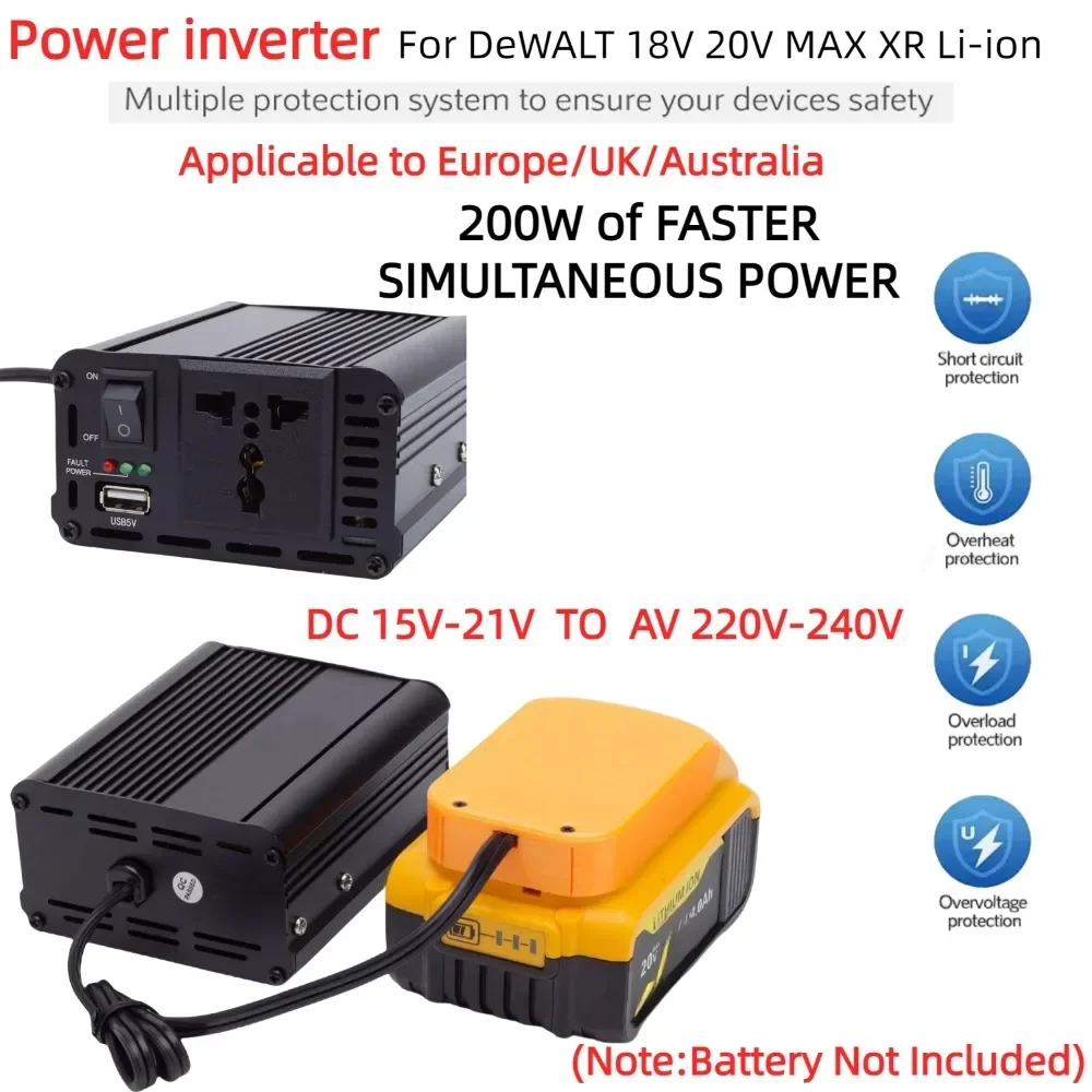 

200W Portable Power Inverter Outlet Adapter for DeWALT 18V 20 Max XR Battery DC 15-20V To AC 220V Powered with USB for UK EU AU