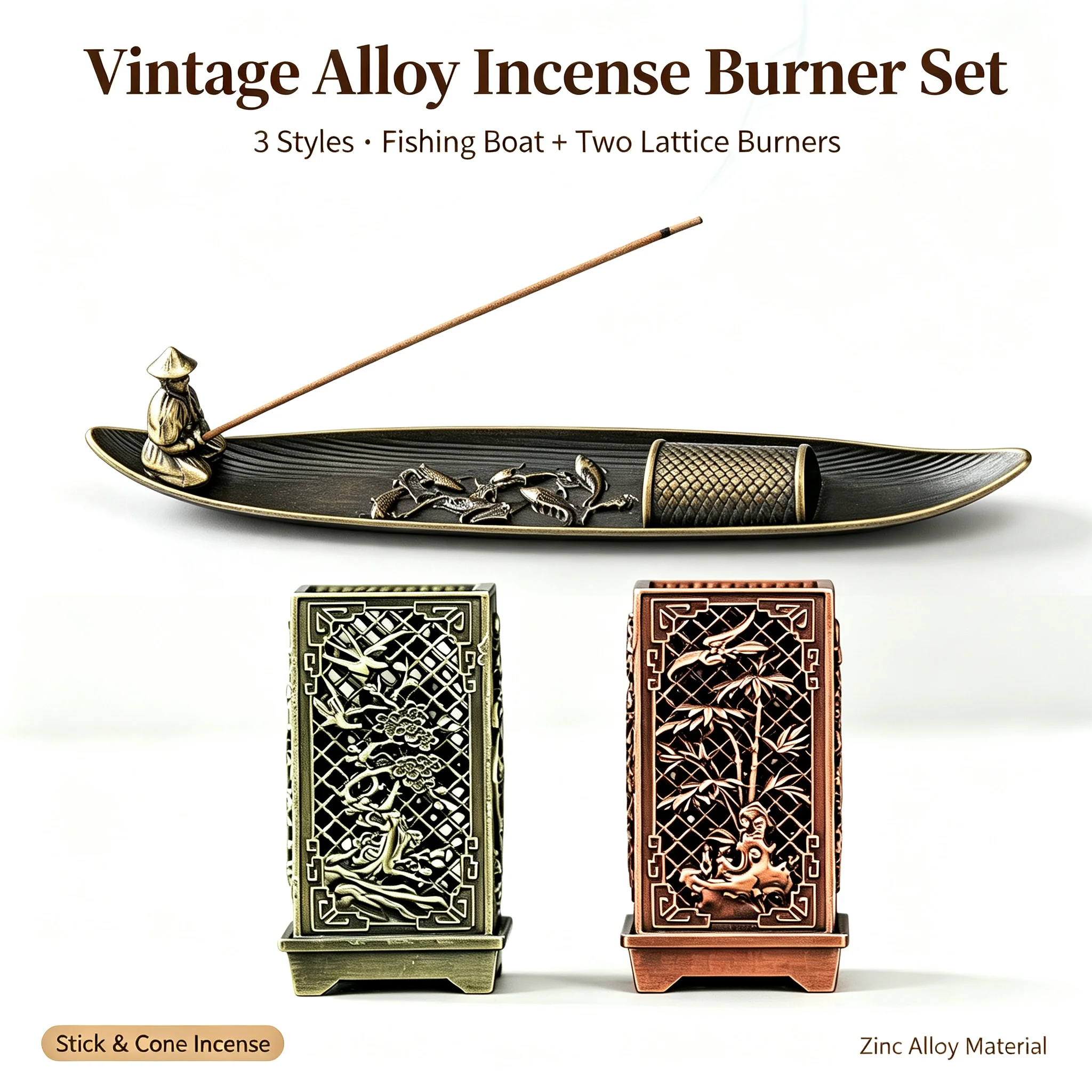 Chinese-style Incense Holder Set, Fisherman and Fishing Boat, Hollowed-out Plum and Bamboo, Desktop Aromatherapy Decoration