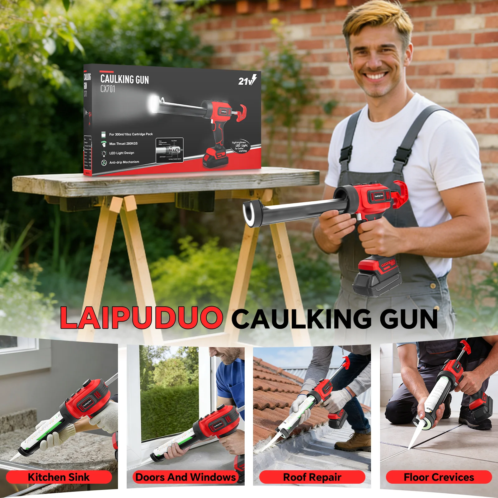 Electric Caulking Gun Stepless Speed Cordless Silicone Gun 10oz/300ml Glass Glue Gun Filling Sealing For Milwaukee 18V Battery image 6