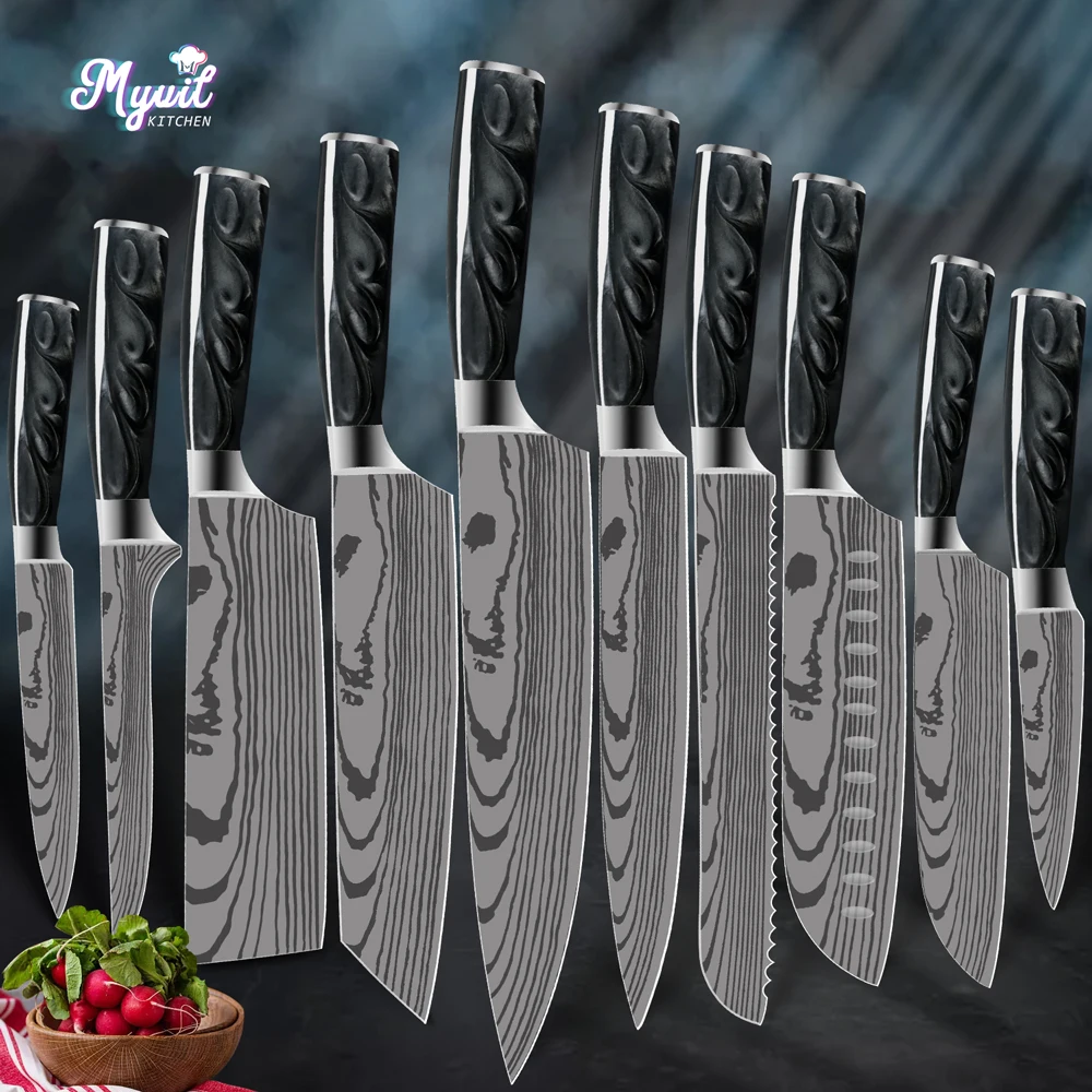 Kitchen Knives Set Laser Damascus Pattern 7CR17 Stainless Steel Black Resin Handle Chef knife Japanese Santoku Pro Boning Knife