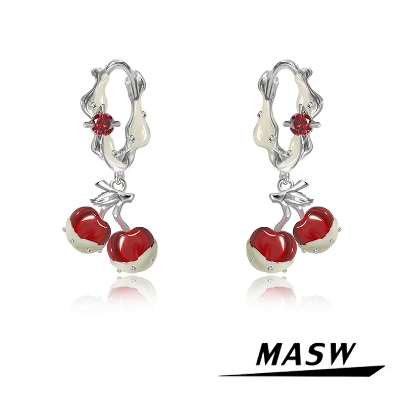 MASW Original Design Lovely Sweet Temperament Red Crystal Cherry Drop Earrings For Women Girl Gift Modern Jewelry 2024 New