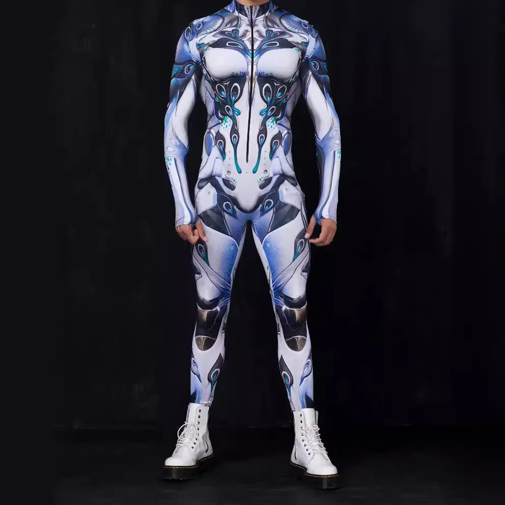 Men Mechanical Colorful Print Cyber Skeleton Cosplay Punk Jumpsuit Zentai Bodysuit Costume Halloween Party Performance Suit