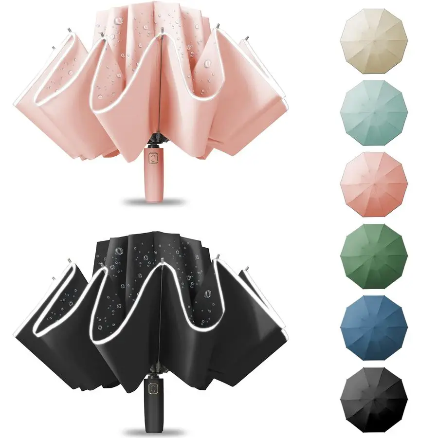 

Windproof Travel Umbrella, Portable Reverse Folding Car Umbrella, Compact Inverted Design with Waterproof Canopy, Automatic, 10