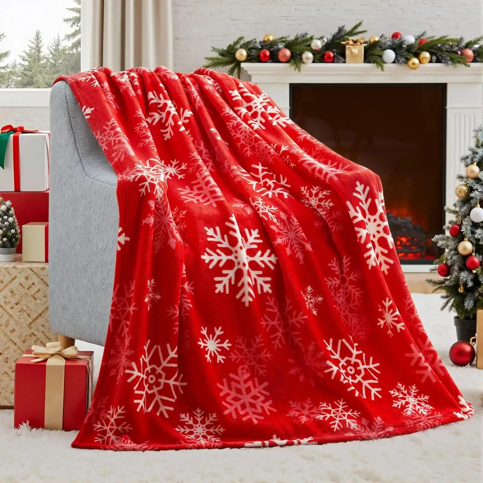 

Christmas Snowflake Blanket in Multiple Sizes D Print Reindeer Snow Theme Flannel Throw for Couch Bed Camping Cozy Holiday Gif