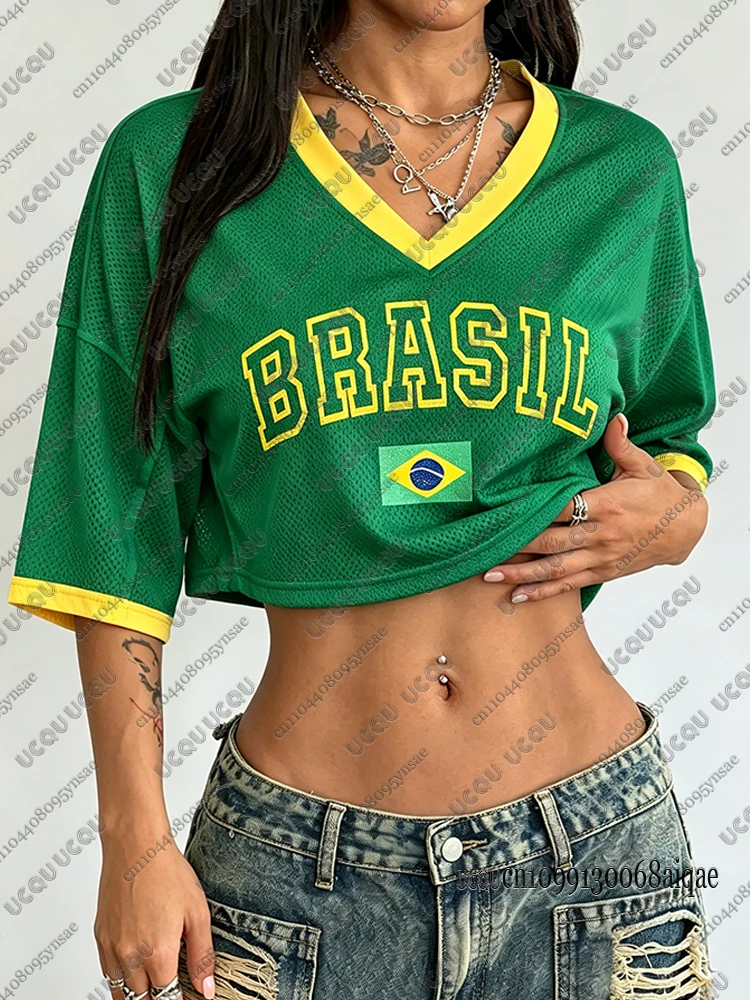 Brazil Flag Classic Retro Crop Top For Women V-neck Sports Football Jerseys Girls Street Sexy Crop Top Y2K Loose Hip Hop Tops