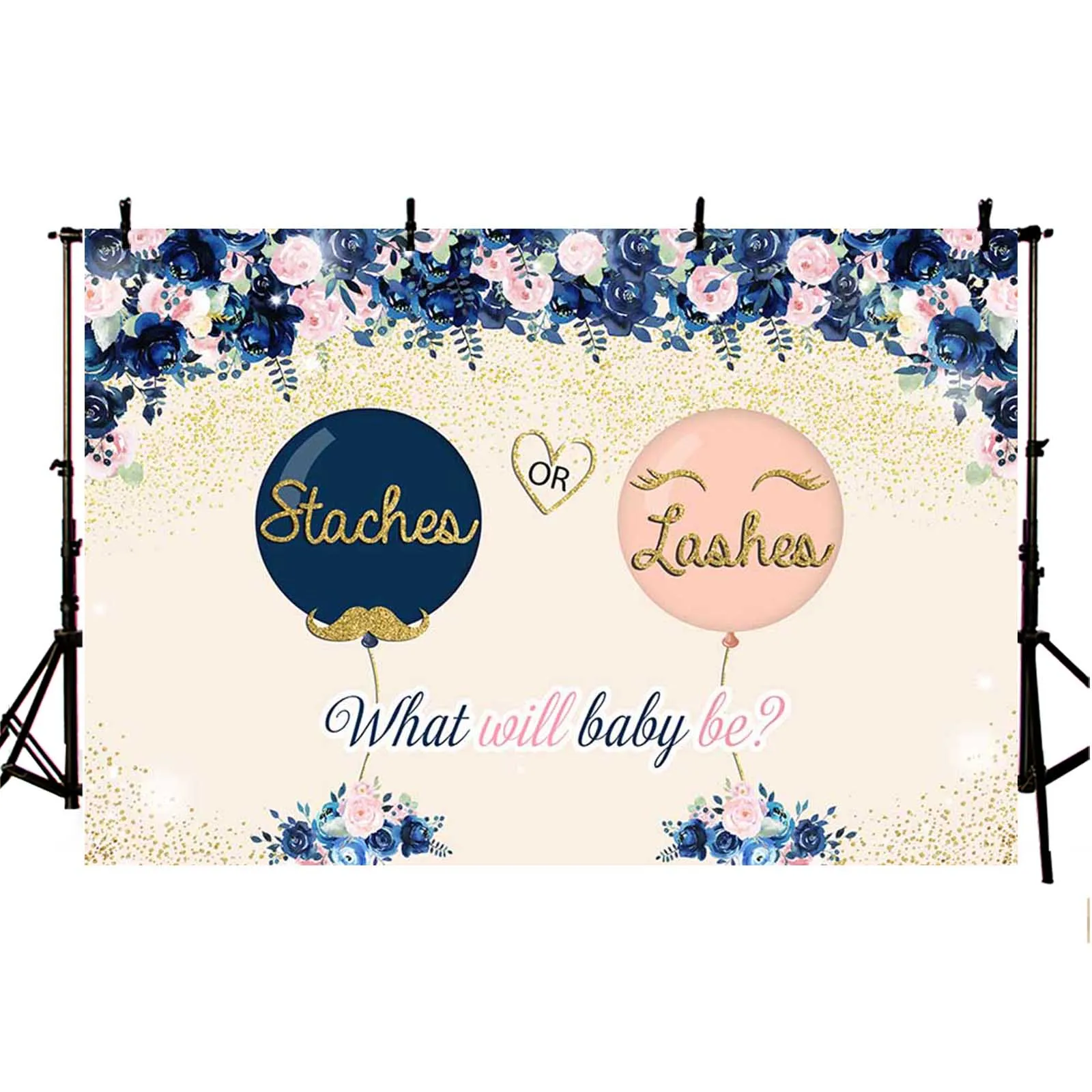 AIBIIN Gender Reveal Background He or She Staches o Lashes decorazioni per feste Navy Blue Blush Pink Floral Photography Background