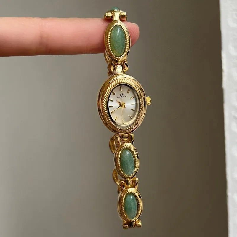 2025 خمر الحجر الطبيعي الصغيرة البيضاوي الهاتفي سوار ساعة للنساء الفاخرة عالية الجودة الذهب السيدات كوارتز ساعة اليد هدية