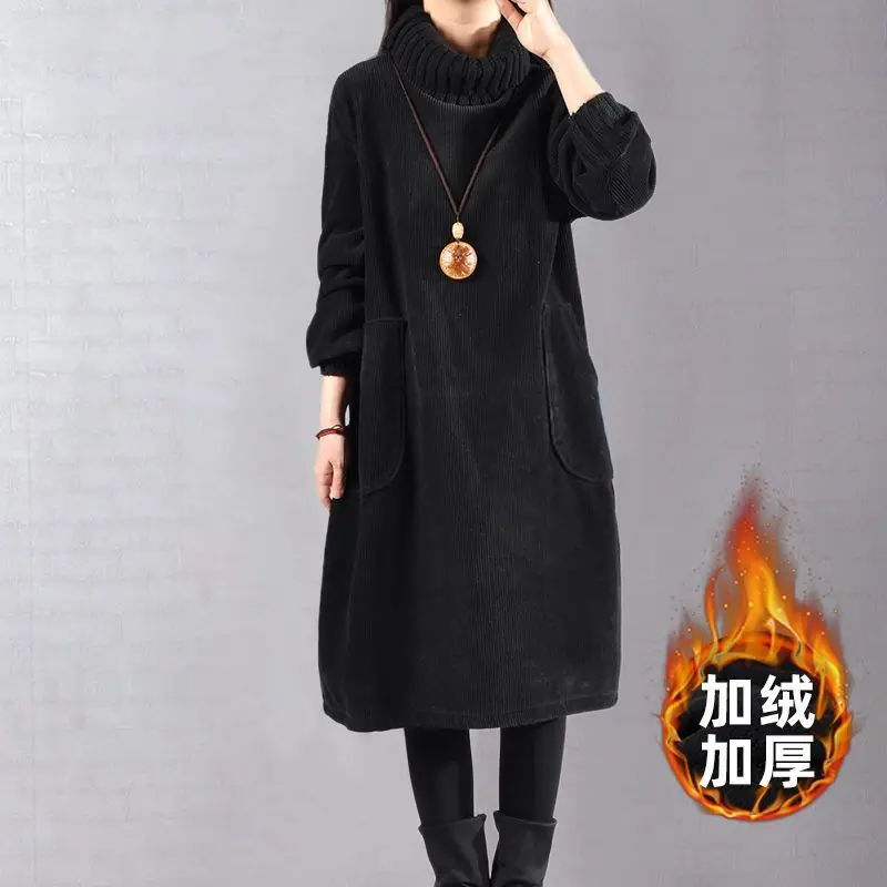 

Женское теплое платье с длинными рукавами на шерстяной подкладке, трапециевидное платье с высоким воротом, осенне-зимнее платье в стиле ретро, вельветовое платье средней длины, платья макси