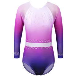 BAOHULU leotardo de gimnasia brillante para niñas, ropa de rendimiento degradado, Body de diamantes de imitación, ropa de práctica de manga larga