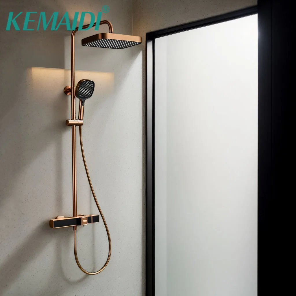 KEMAIDI Set Sistem Shower Kamar Mandi Warna Rose Gold dengan Kontrol Air Panas dan Dingin, Tombol Kuningan, Set Shower Tiga Fungsi dengan Shower Tangan