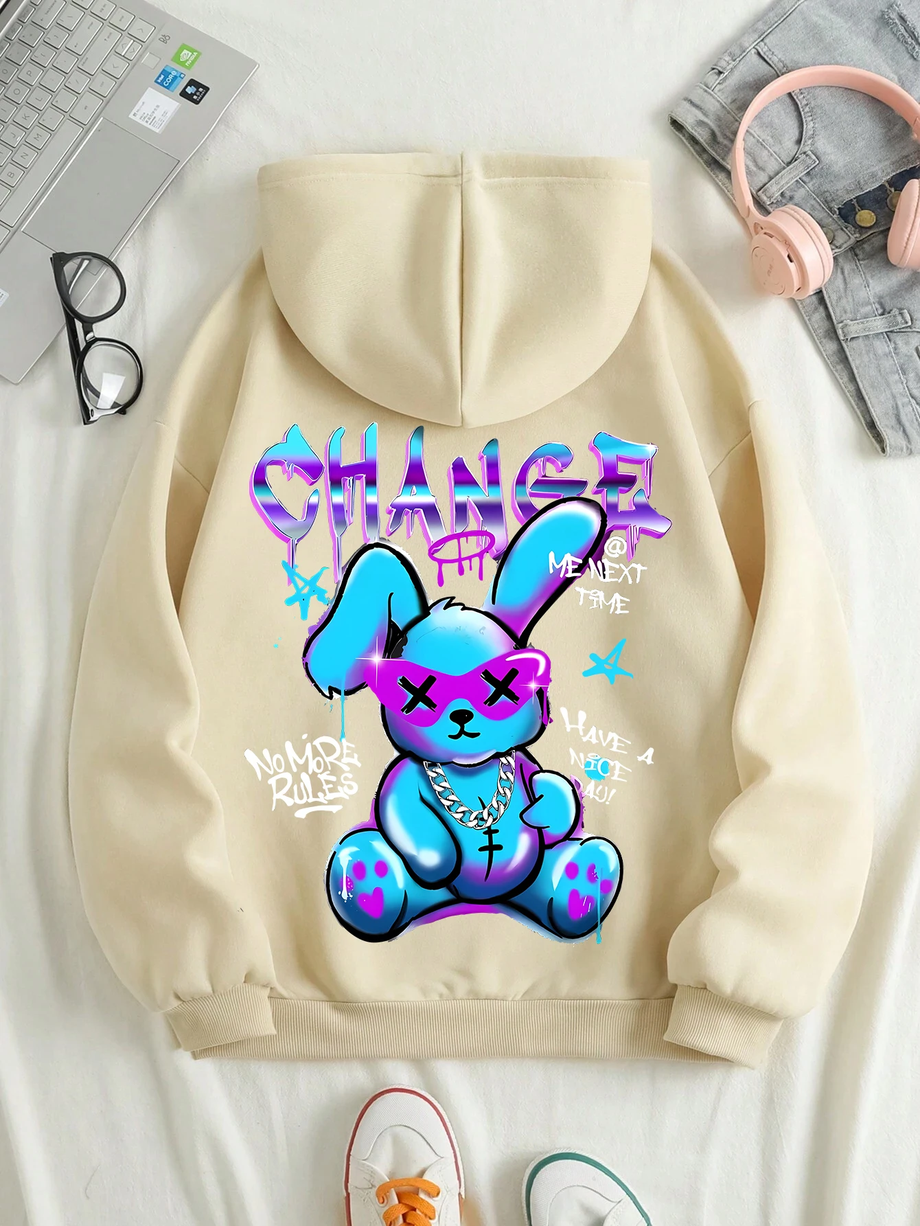 Trendy Rabbit Cartoons Print Sweatshirt Female Fashion All-Match Street Hoody Crewneck Casual Hoodies Pullover Oversize Clothing