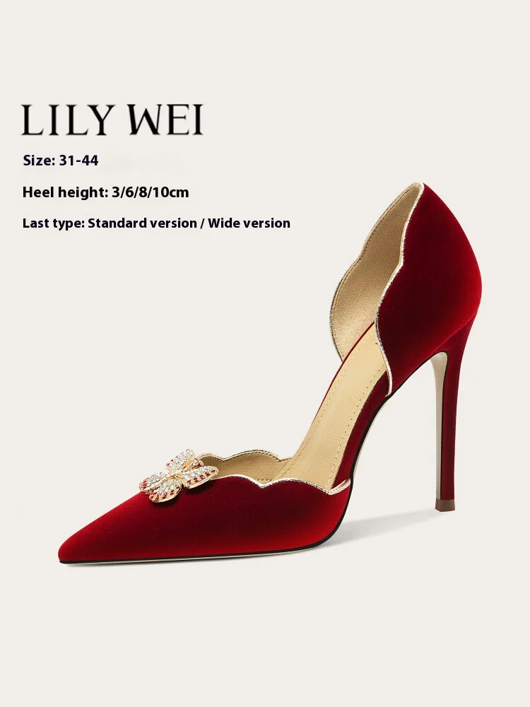 

Spring and summer pointed suede rhinestone butterfly low-heeled shoes thin high-heeled dress large size small size women sandals