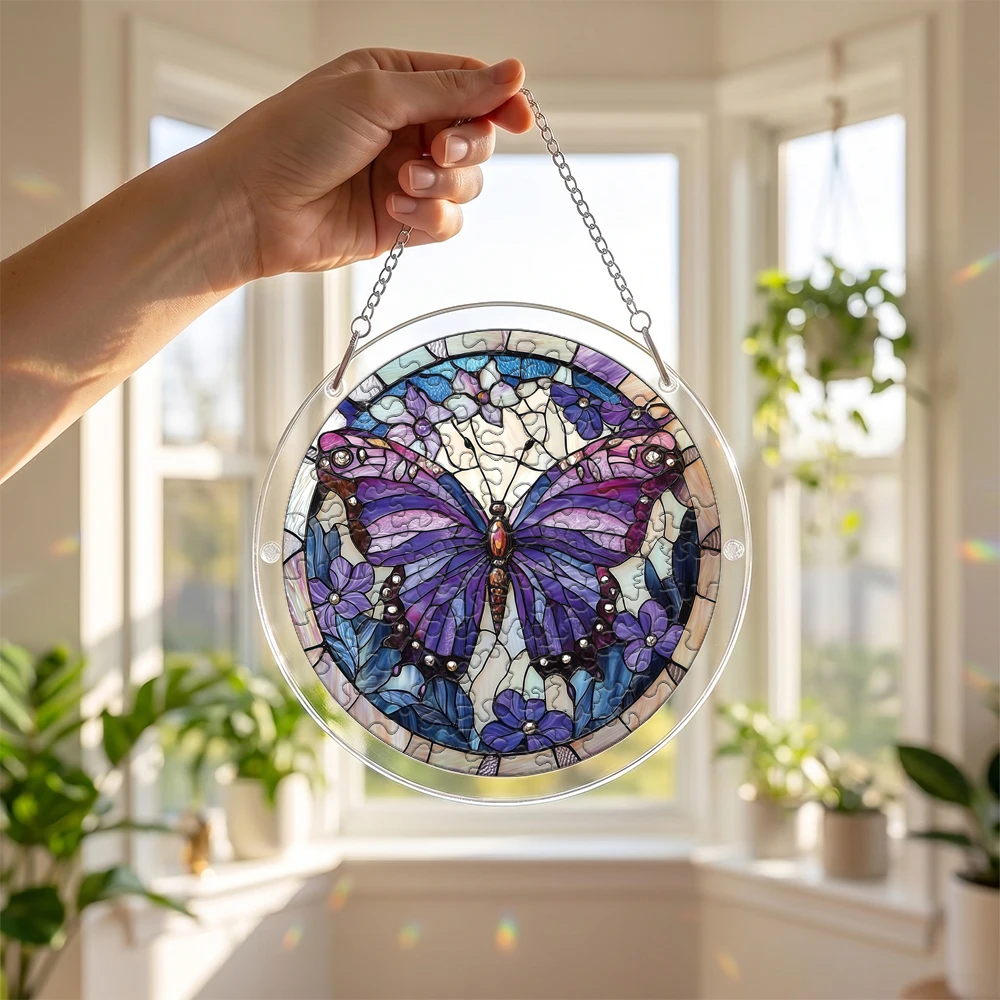 Buntglas-Schmetterling Acryl-Puzzle Sonnenfänger, 18×18/20×20 2 Größen DIY Fenster-Hängedekoration