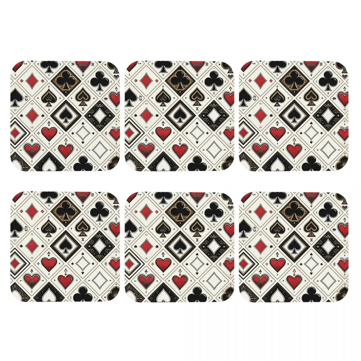 Casino Playing Card Symbols Diamond Heart Spade Clubs Coasters PVC Leather Placemats Coffee Mats for Home Dining Pads Set of 6