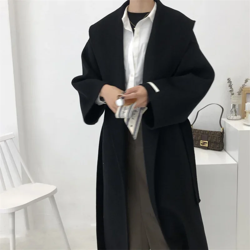 

RosEvans Double-sided Cashmere Coat Women Mid-length New Fashion Loose Simple Big Lapel Lace-up Woolen Coats Fit Autumn Winter