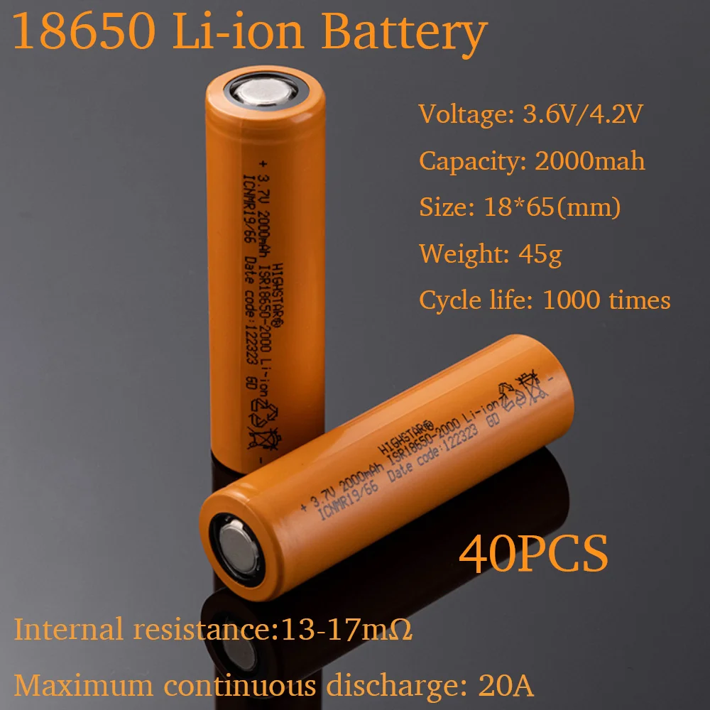 40PCS/lot Original 3.7V 2000mAh 18650 Rechargeable Lithium Battery ISR18650-2000 Li-Ion Discharge 20A High Current Power Cell