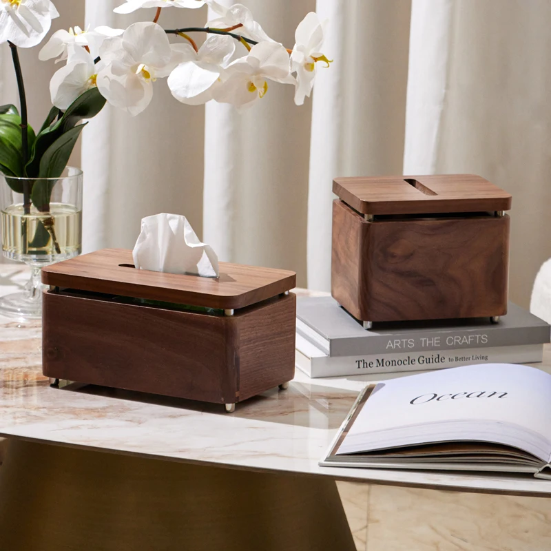 صندوق تخزين مناديل خشبية بنية حديثة مصنوعة يدويًا بتصميم خشبي مربع