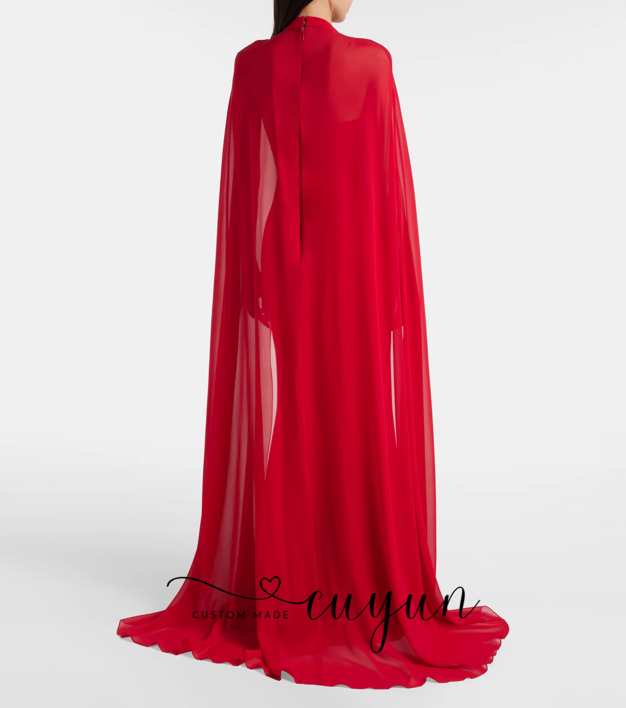 CUYUN Abiti da sera personalizzati con maniche a mantella con scollo a V rosso con fiocco Abito da cerimonia formale per cena in chiffon Abito da ballo per occasioni speciali
