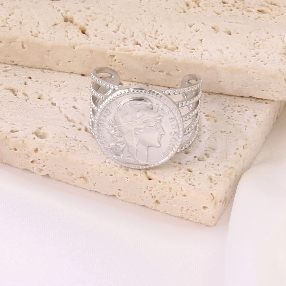 316L Stainless Steel Roman Caesar Head Rings For Women Men Vintage Open Wide Portrait Coin Ring Femme Male Daily Jewelry Gifts