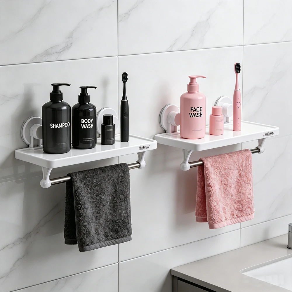 

BATHLUX Suction Cup Bathroom Shelf with Towel Bar No Drill Wall Mount Shower Caddy Organizer for Bathroom Storage Rack Reusable