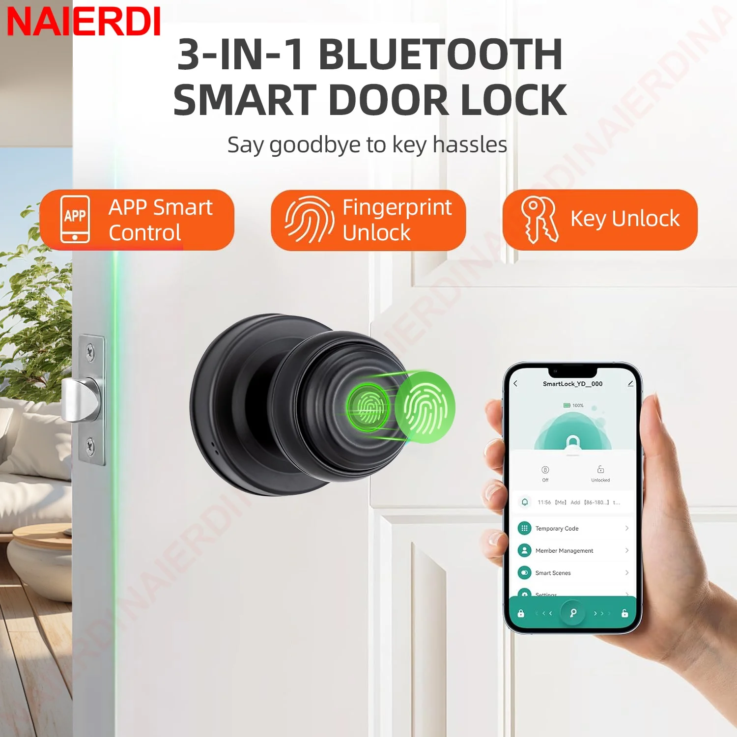 NAIERDI Smart Fingerprint Door Lock Electronic Digital Keyless Door Knob Bluetooth with Tuya App Lock for Home,Hotels,Apartment