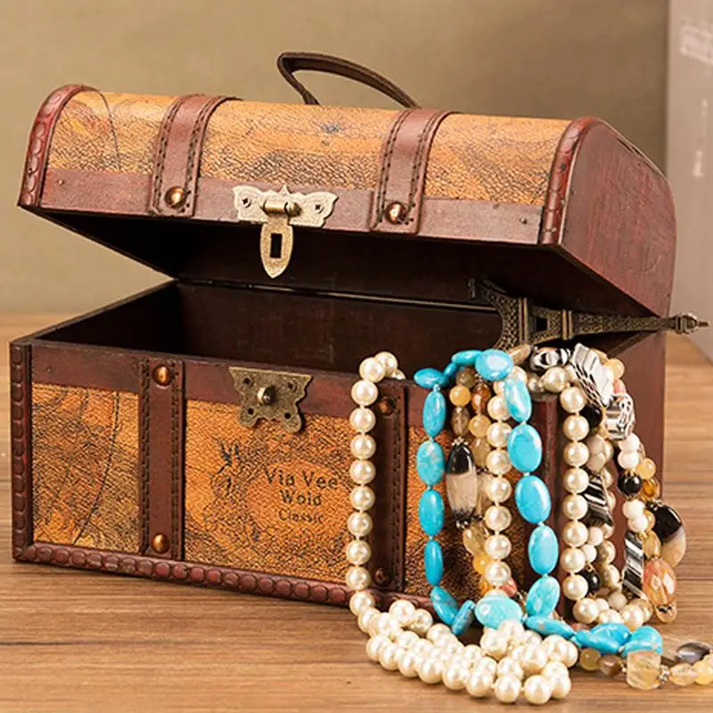 

Retro Elegant Plywood Leather Pirate Jewelry Storage Box With Lock Vintage Treasure Chests For Organizer Home Decoration