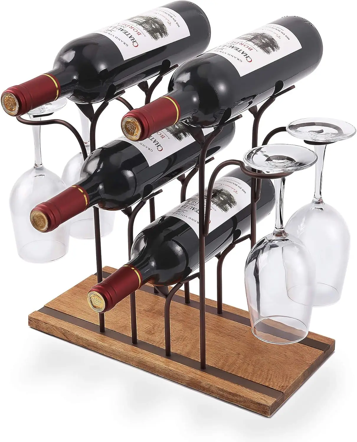 

Wood Wine Holder, Countertop Wine Rack, Hold 4 Wine Bottles and 4 Glasses, Perfect & Kitchen Wood & Metal (Bronze)