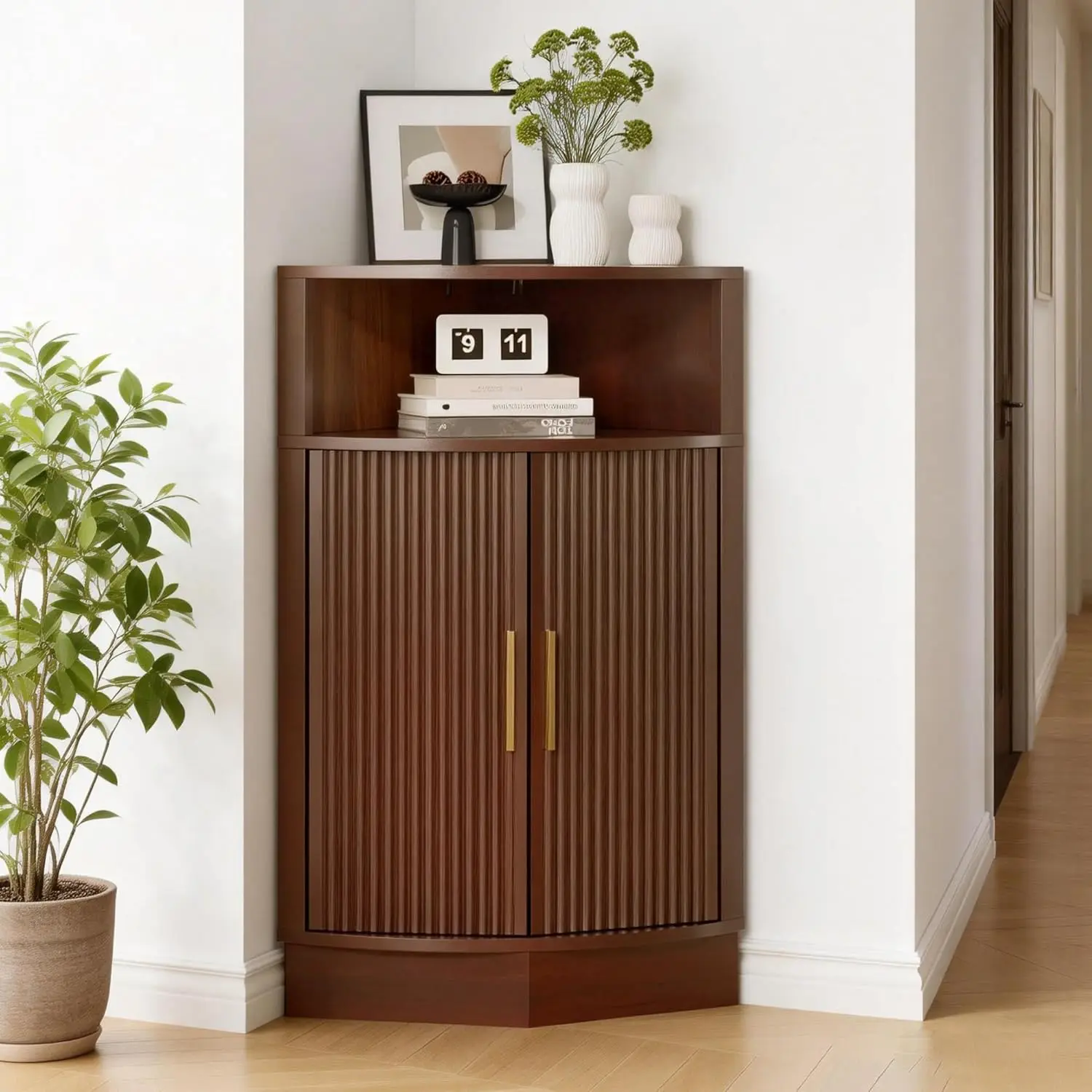

Small Corner Cabinet Fluted Door Open Shelf Space Saver Home Living Room Kitchen Bathroom Brown, Customized