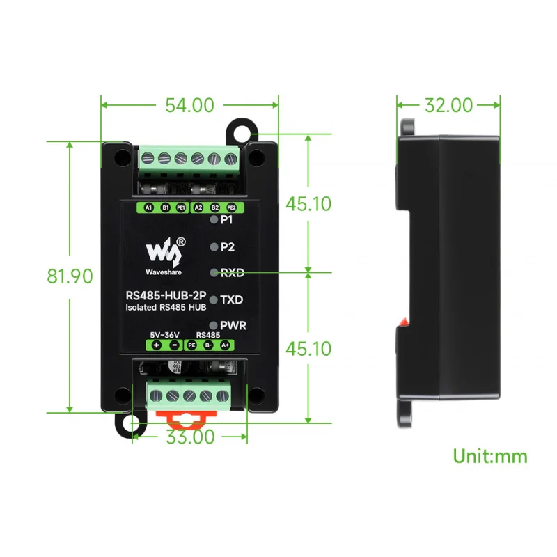 

SKU-32157 Waveshare Industrial-grade Isolated 2-Ch RS485 Hub, Rail-mount Support, Wide Baud Rate Range, Expands 2-ch RS485 Sub P
