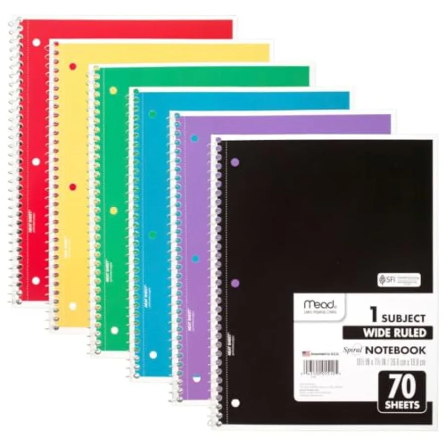 

Spiral Notebook, 6 Pack, 1 Subject, Wide Ruled Paper, 7-1/2" x 10-1/2", 70 Sheets per Notebook, Colors Will Vary 930201-ECM25