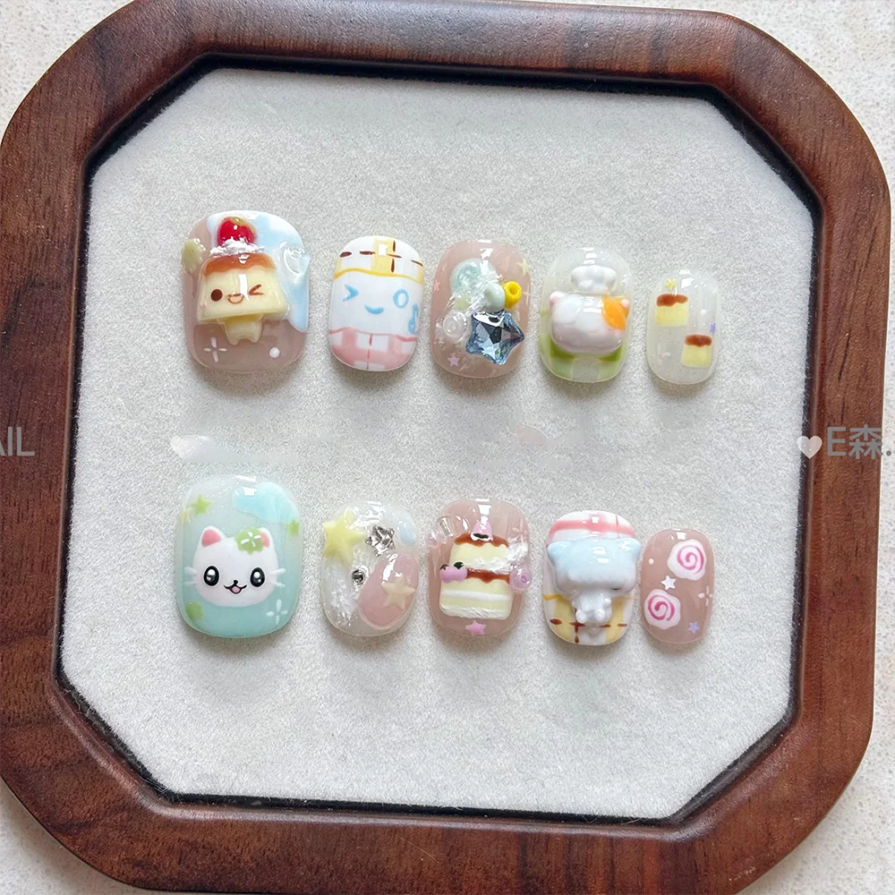 Cute Kawaii Girlish Style Animal Dessert Pastel 3D Short Fake Nails Star Dot Heart Apple Glitter Nail Art Hand Ornament Gift