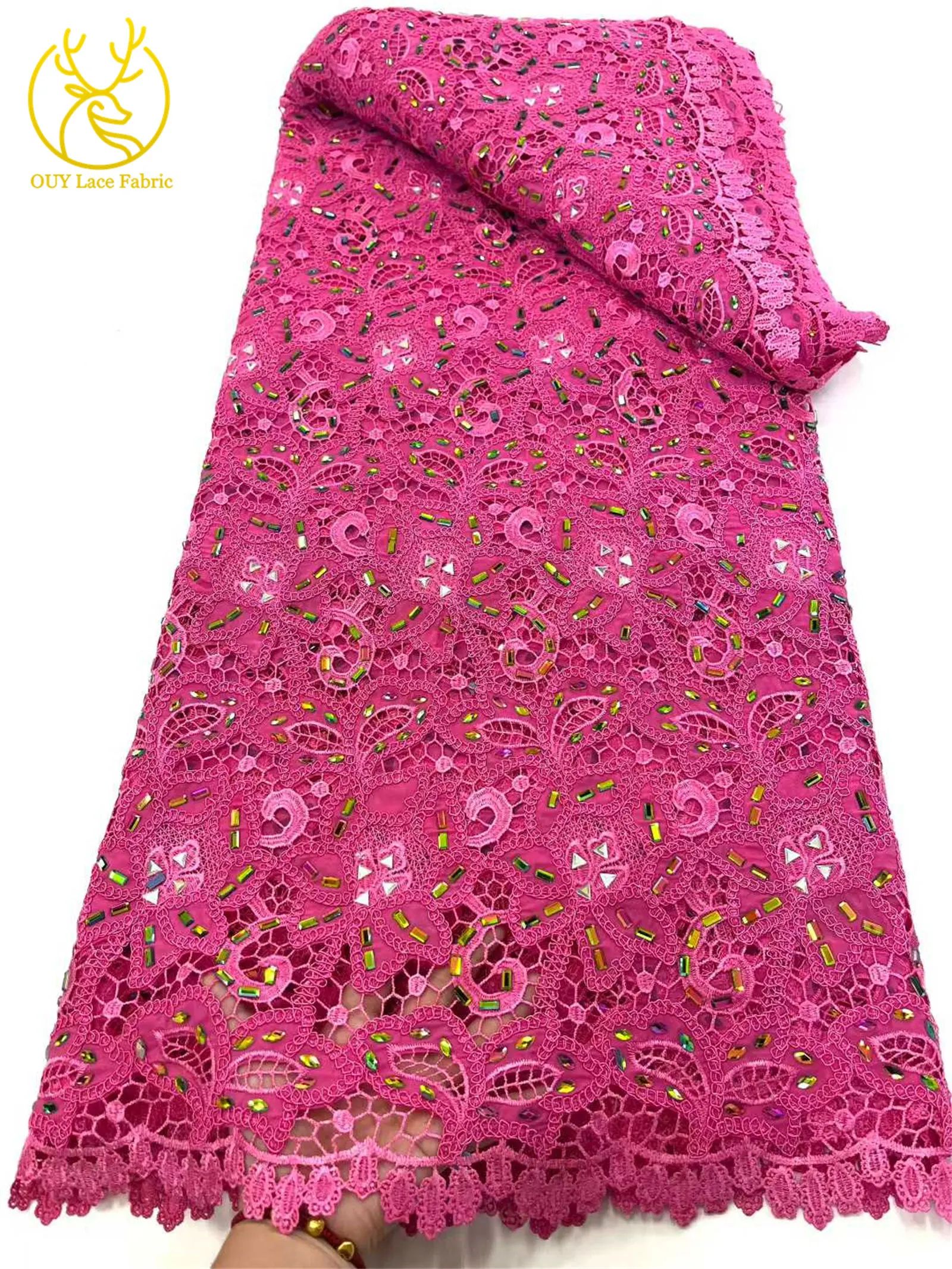 Yellow African Large Jewel Guipure Embroidered Lace Fabric 2025 Luxury Nigerian Rope Lace Fabric Ladies Dinner Dress Sewing