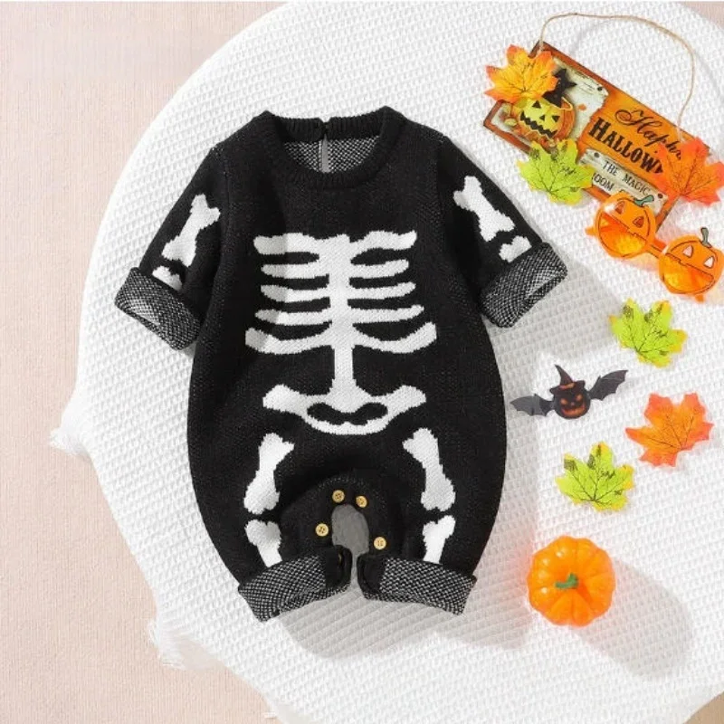 

Halloween Baby Onesie Skeleton Print Knitted Romper for Boys Girls 0-2Y Soft Unisex Infant Jumpsuit Festival Costume Outfit