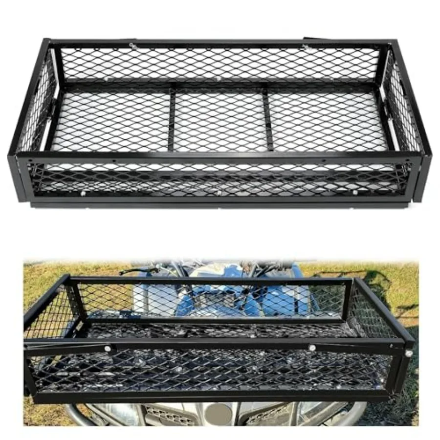 ECOTRIC Universal Front Cargo Basket 17.2 W x 37.2 L x 7.1 H Mesh Storage Rack for UTV ATV Front Drop-Down Cargo Basket Black