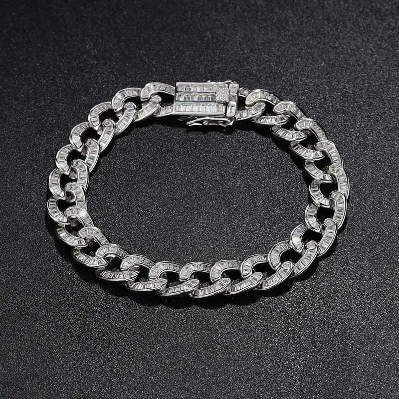 Luxury PT950 Platinum Diamond Cuban Bracelet, Hip Hop Square Ladder Link Solid 925 Silver for Men Women