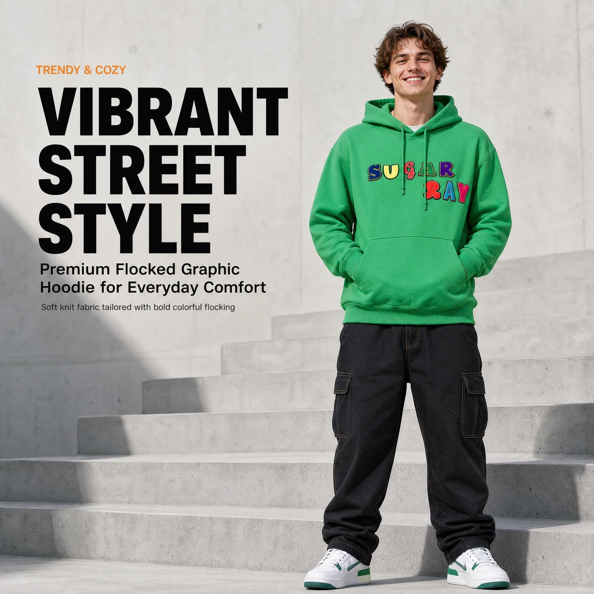 Oversized Green Graphic Hoodie for Men Women 3D Flocked Letter Pullover Hoodie Casual Streetwear Sweatshirt with Pocket