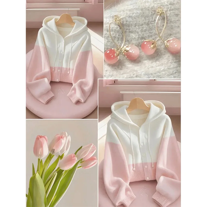 White Pink Gradient Sweater Woman 2025 Autumn Winter New Hooded Knitwear Coat Drawstring Cardigan Unique Loose Jacket Female Top