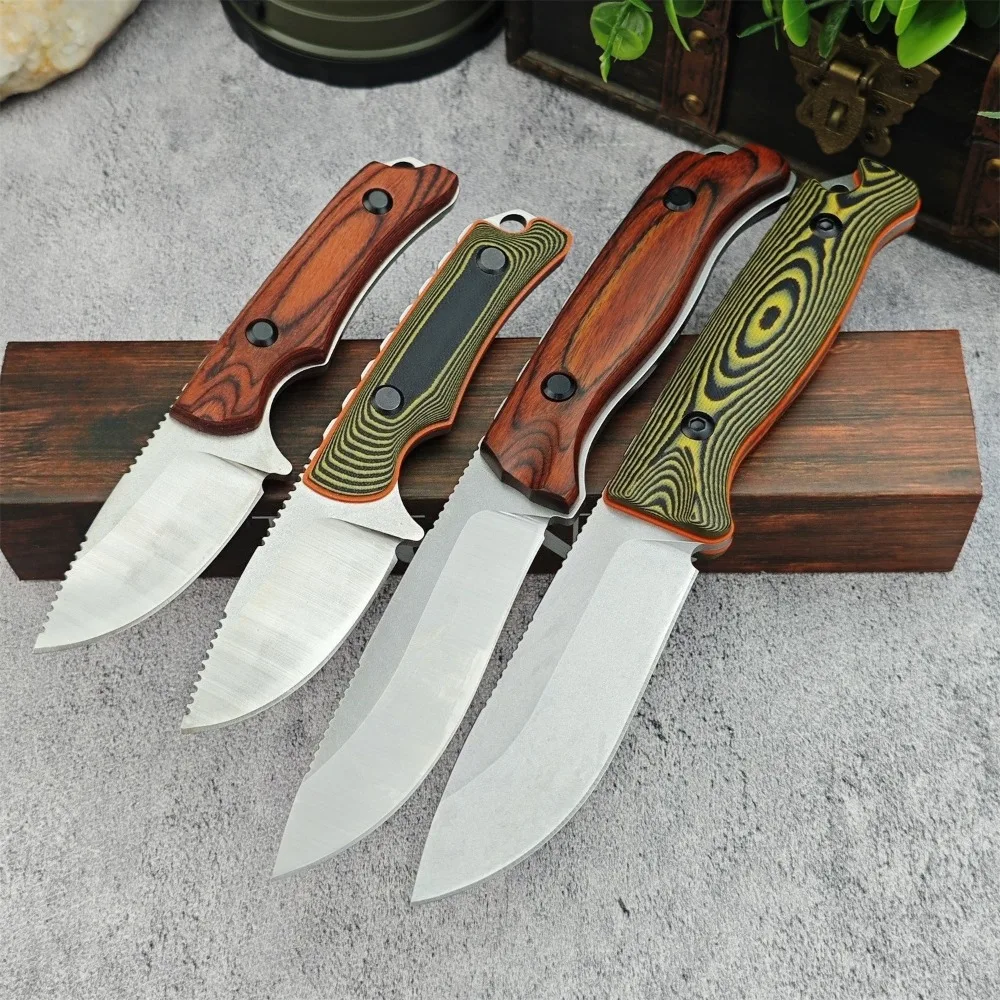 

BM 15002/15017 Durable Fixed Blade Knife 8Cr13MoV Steel Blade Wood/G10 Handle Multi-Purpose Food Meat Cutting Tool with Sheath