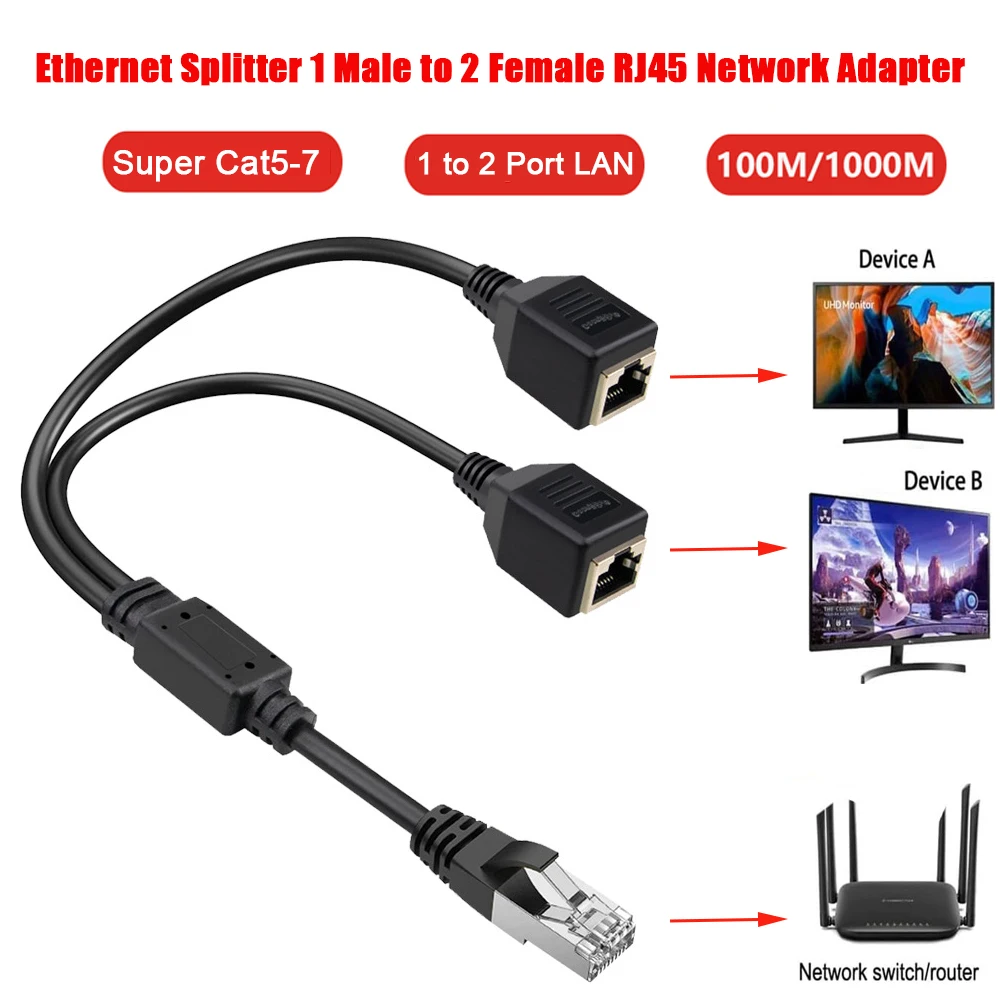 RJ45 1 Male to 2 Female Socket Port LAN Ethernet Network Splitter Y Adapter Cable Extension Cable Cat 5 RJ45 Male to Dual Female