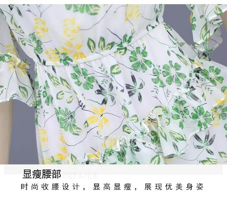 ชุดเดรสชีฟองลายดอกไม้ในฤดูร้อนสไตล์ใหม่รัดเอวแฟชั่นมีสไตล์กระโปรงเค้กนางฟ้าขนาดเล็กและสด