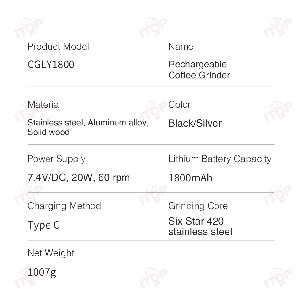 ITOP CGLY1800 مطحنة القهوة المحمولة القابلة لإعادة الشحن 1800 مللي أمبير 6 نجوم 420 نتوءات مخروطية من الفولاذ المقاوم للصدأ 25 جرام قادوس الفول