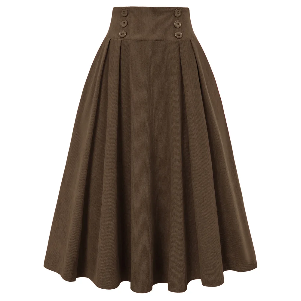 

BP Women Skirt Vintage Corduroy Skirt Elastic Buttons Decorated Swing Skirt High Waist Ruched Streetwear Elegant Fashion Skirts