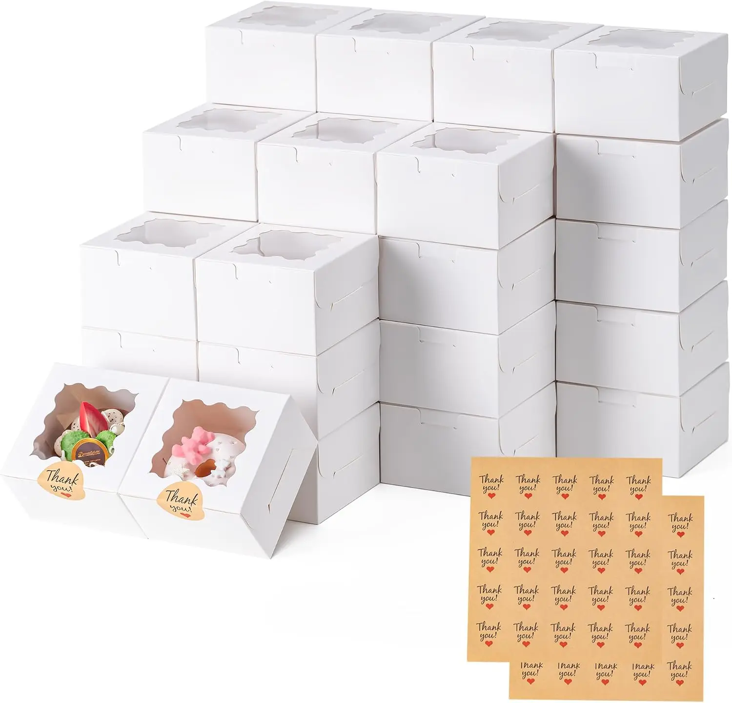 50pcs Cookie Boxes with Window, 4x4x2.5 Inches Bakery Boxes with 50pcs Stickers for Cookies, Bakery, Desserts, Candy, Chocolate Covered Strawberries, Mini Cake (White)