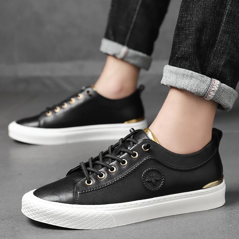 Spring Autumn Men Genuine Leather Casual Shoes Lace-Up Luxury Designer White Flat Skate Shoe Young Man Fashion Walking Sneaker