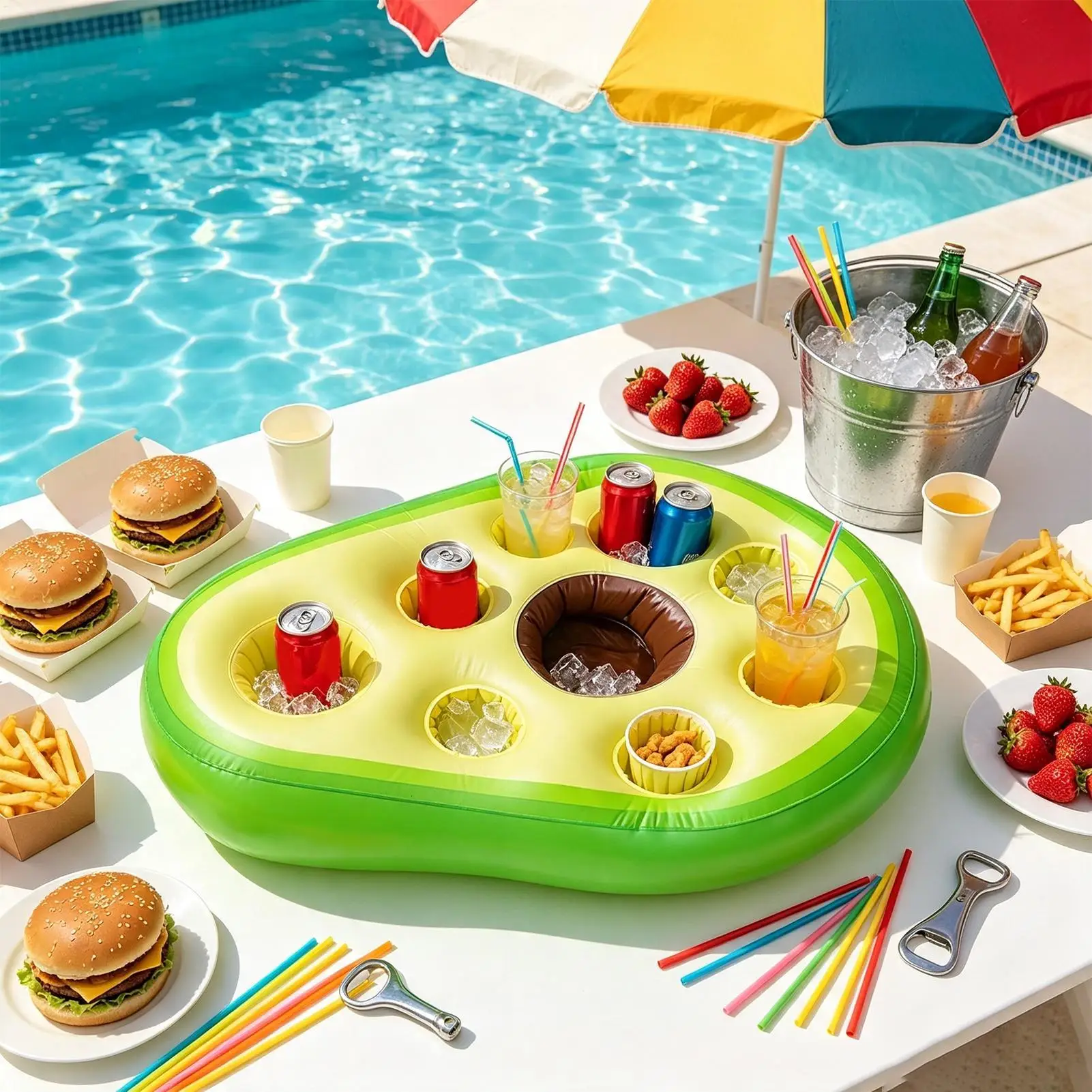 Flotador de bebidas para piscina, mesa inflable grande con forma de aguacate para jacuzzi, soporte flotante para bebidas para lago, para viajes de fin de semana, uso en interiores, hogar y río
