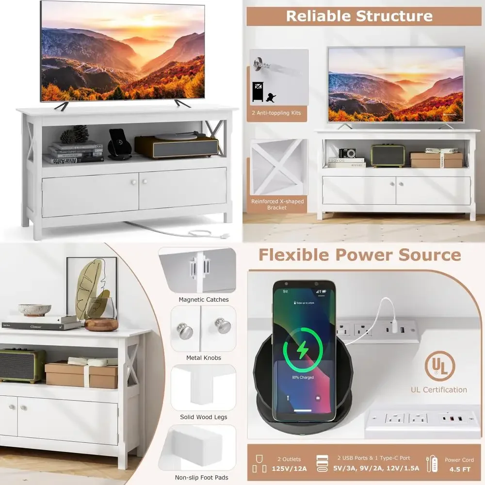 TV Stand with Power Outlet for TVs up to 50 Inch, Entertainment Center with 2-Door Cabinet, Storage Shelf, 2 Cable Holes, Moder