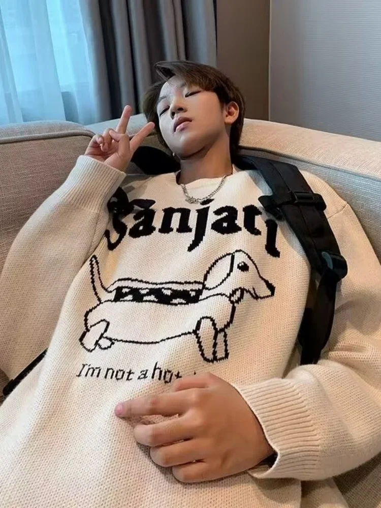 

Thiened round Ne Sweater American Print Loose Casual Knitted Winter Warm Couple's Faion Lazy Sle Comfortable Top