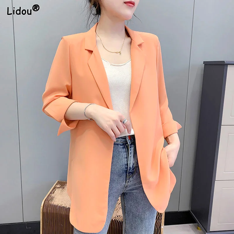 Solid Color Notched Korean Formal Office Lady Fashion Casual Blazers Spring Summer Thin Women\'s Clothing 2023 Tops Dignified