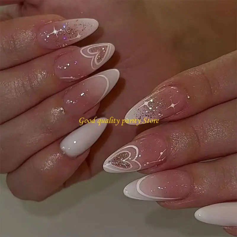 

M4YA 24Pcs Almond Fake Press On Artificial False Glues On Valentine Designs French Tips Gifts