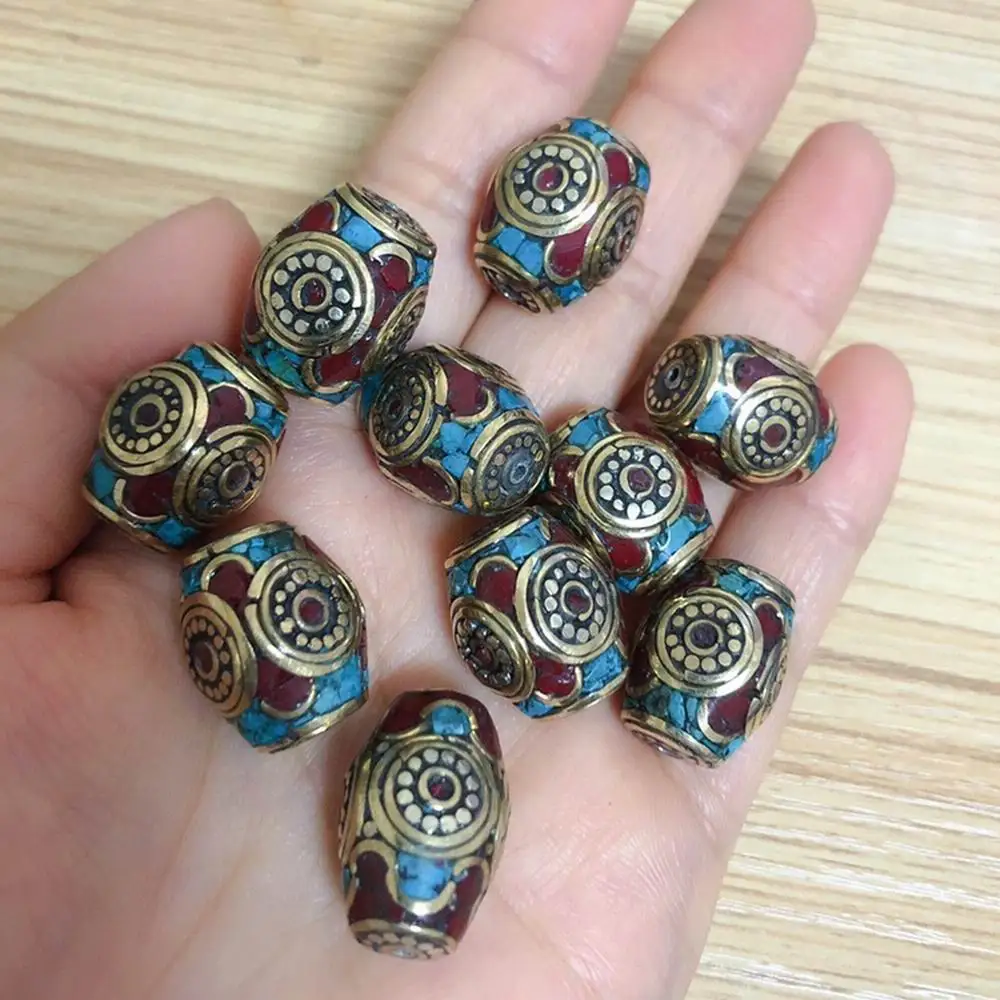 BD127 Beautiful Nepal Handmade Beads Tibetan Brass Semi-precious Stone 14mm*19mm Loose Beads Pendant Accessories 4 Beads Lot